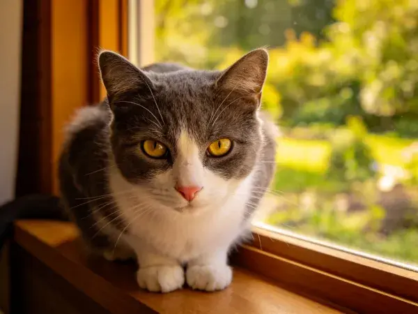 窗台上的灰白花色短毛家猫