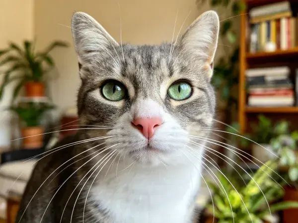 灰虎斑短毛家猫室内书架旁特写