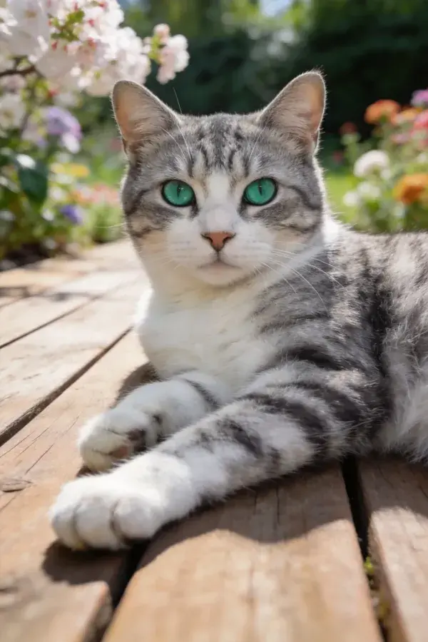 露天平台上灰白短毛家猫静卧