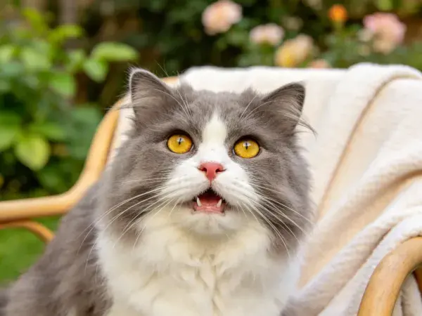 露天环境中灰白长毛猫的特写场景