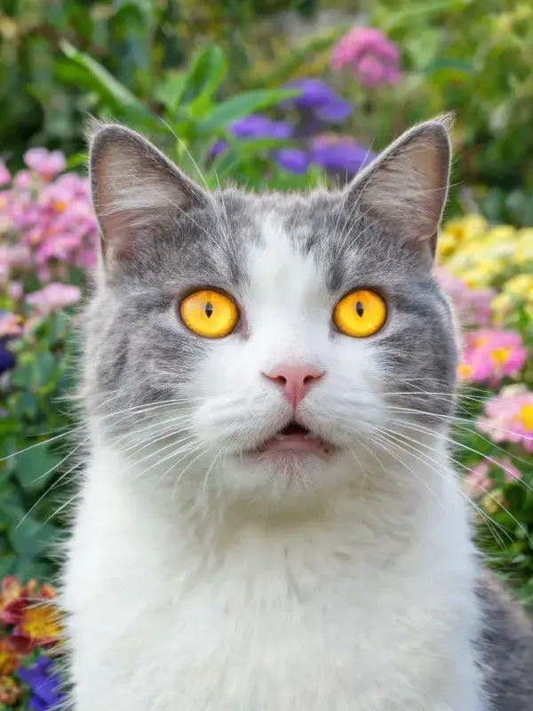 灰白短毛家猫在花园花丛中凝视