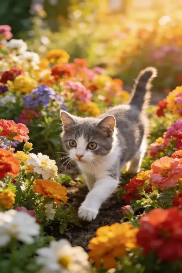 花园花丛中灰白短毛家猫