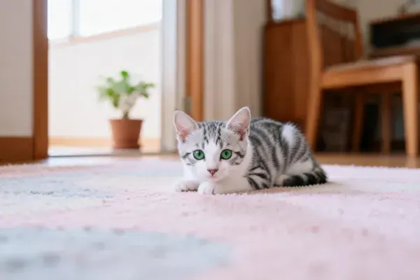 阳光明亮的客厅里短毛家猫趴在彩色地毯上