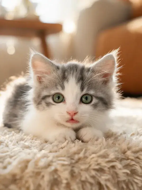 室内暖光下灰白短毛家猫的休憩场景