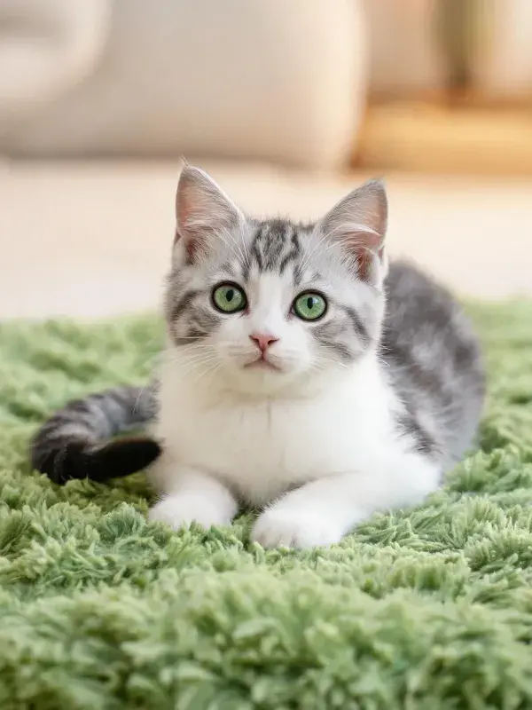 银灰白短毛家猫在绿色地毯上的注视姿态