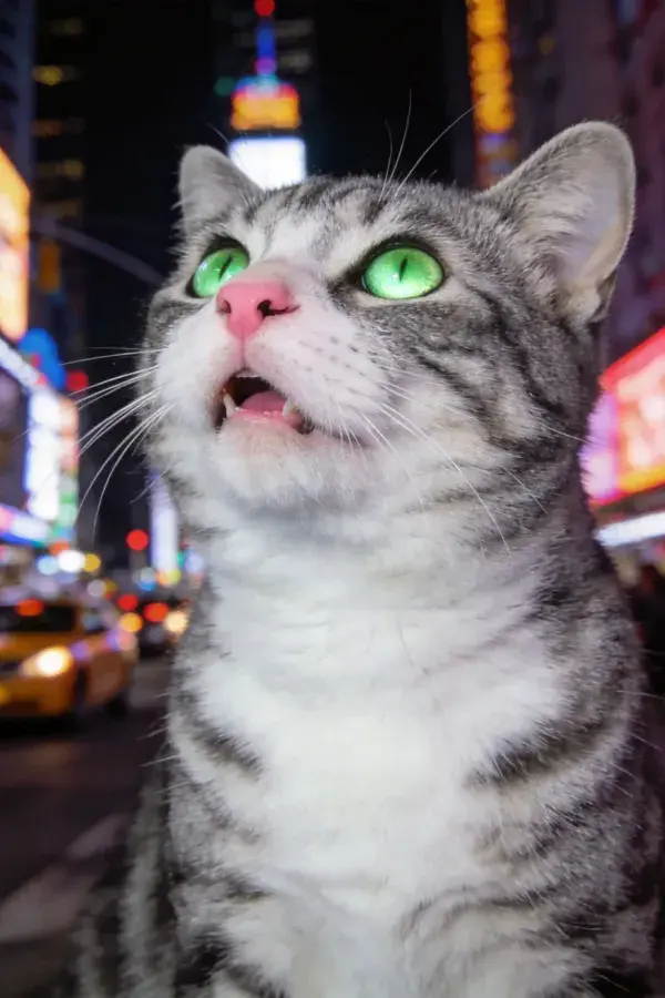 纽约街头夜晚的灰虎斑短毛猫特写