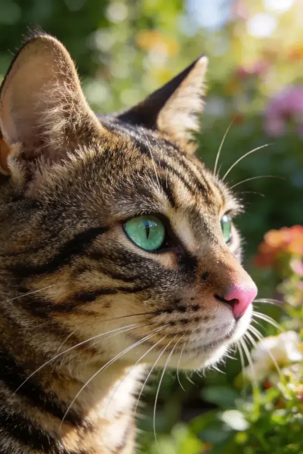阳光下虎斑猫眺望花卉