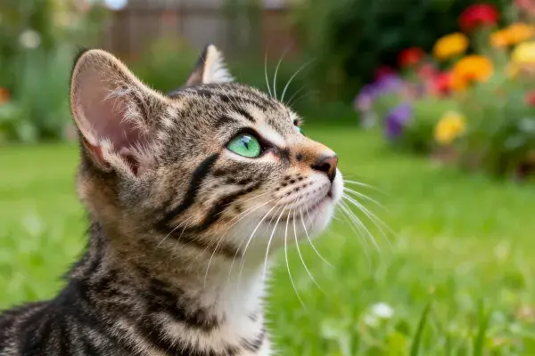 花园草地上的短毛虎斑猫
