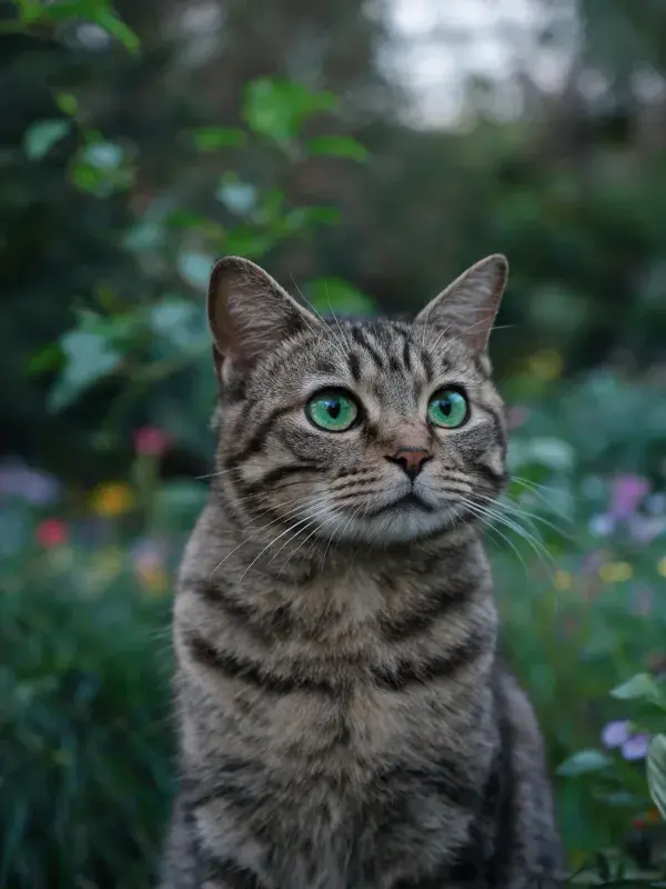 阳光下的短毛虎斑猫与繁花绿植场景