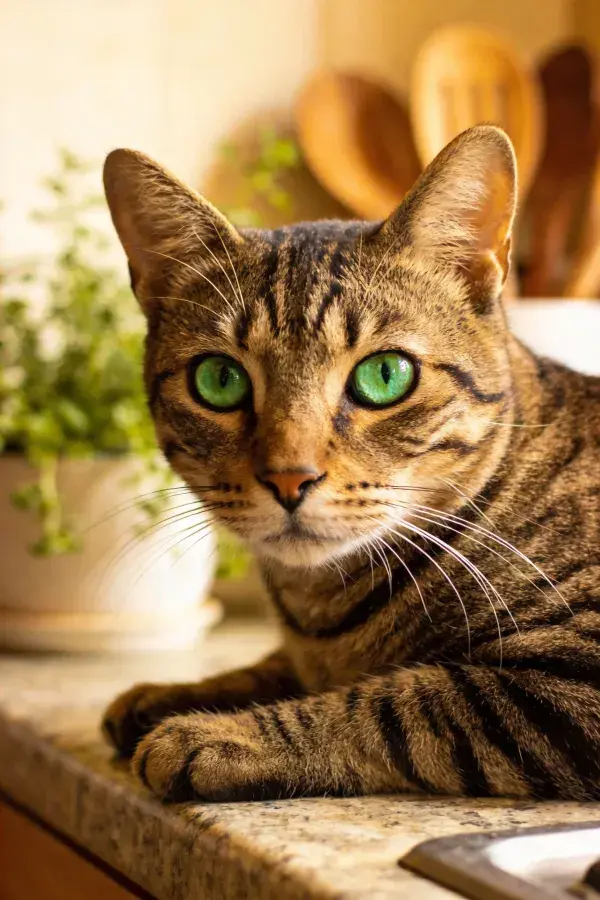 虎斑短毛猫趴在厨房台面