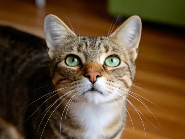 木地板上短毛虎斑猫特写
