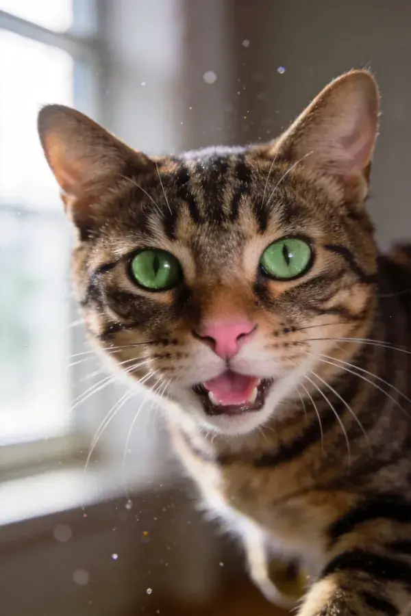短毛虎斑猫近景注视室内窗边