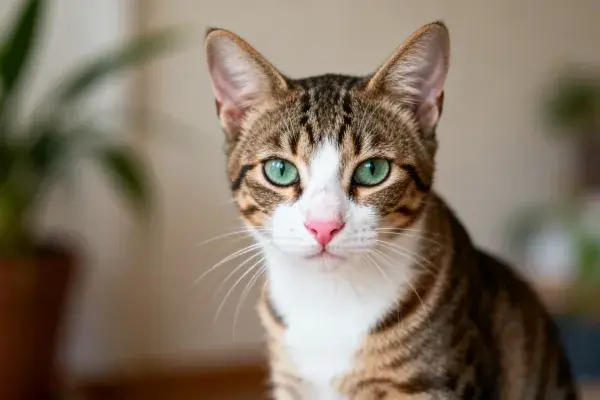 客厅暖光中的短毛虎斑猫