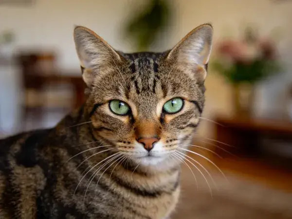 室内暖光下短毛虎斑猫特写