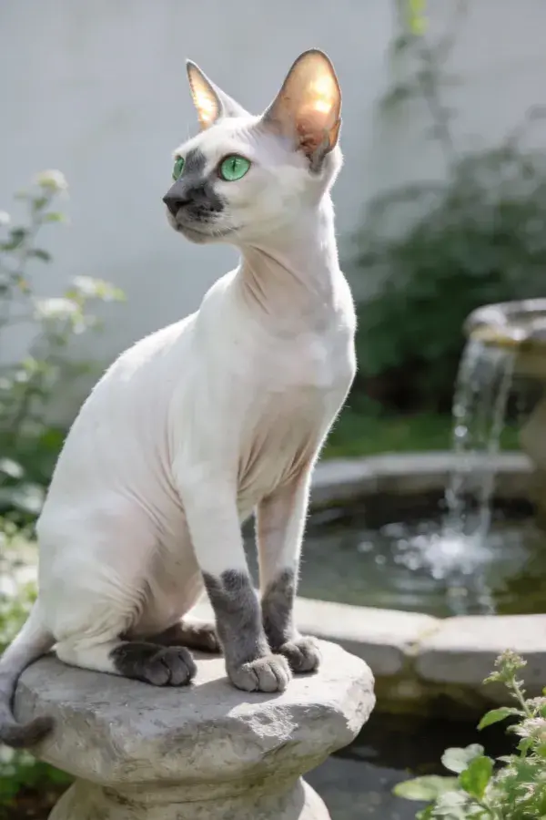 花园石凳上的斯芬克斯猫