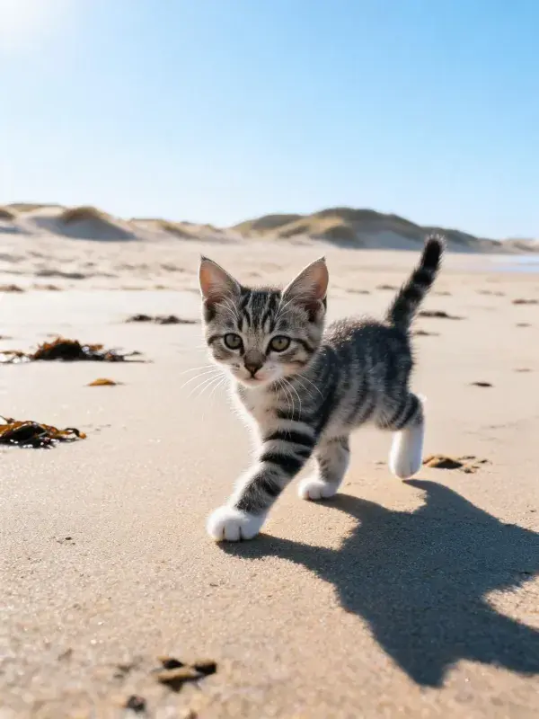沙滩上短毛虎斑猫的行走瞬间