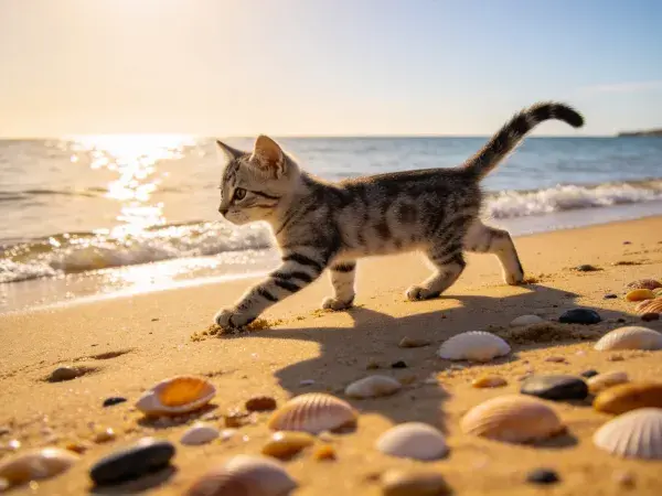 沙滩上短毛虎斑猫行走场景