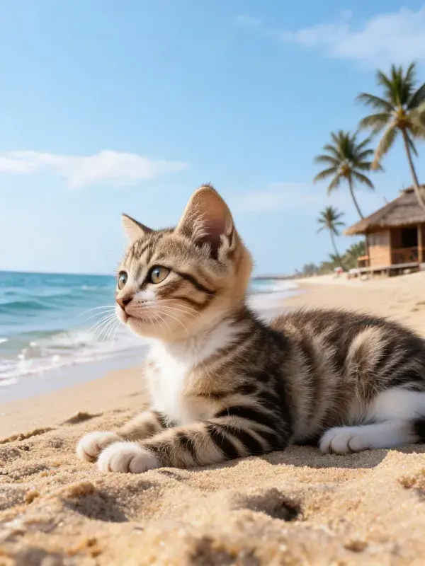 沙滩上虎斑短毛猫的休憩场景