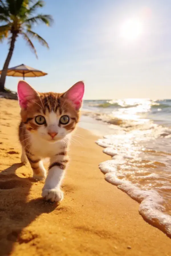 橘白相间短毛猫在海滩岸边行走