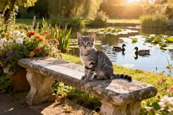短毛虎斑猫于石凳上的注视瞬间