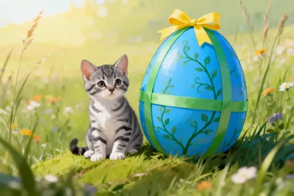 草地上的短毛虎斑猫与巨型彩蛋