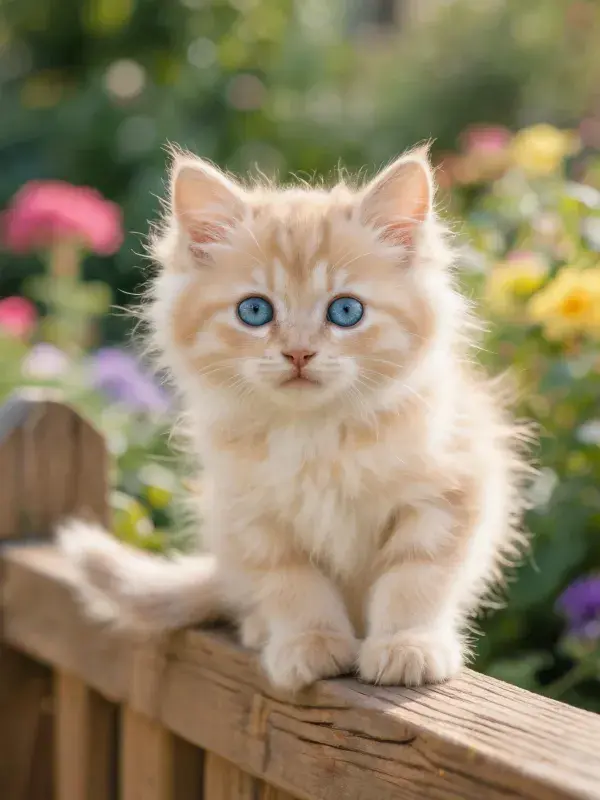 阳光下浅色长毛猫于木栅栏上的姿态