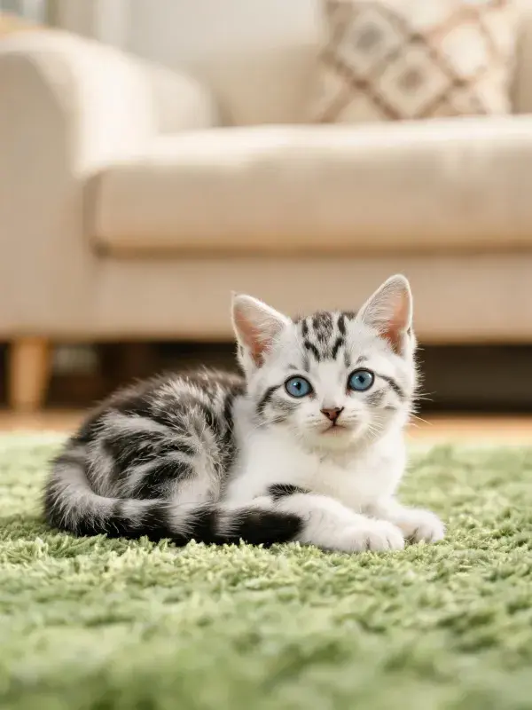 客厅地毯上的银灰虎斑短毛猫休憩景象