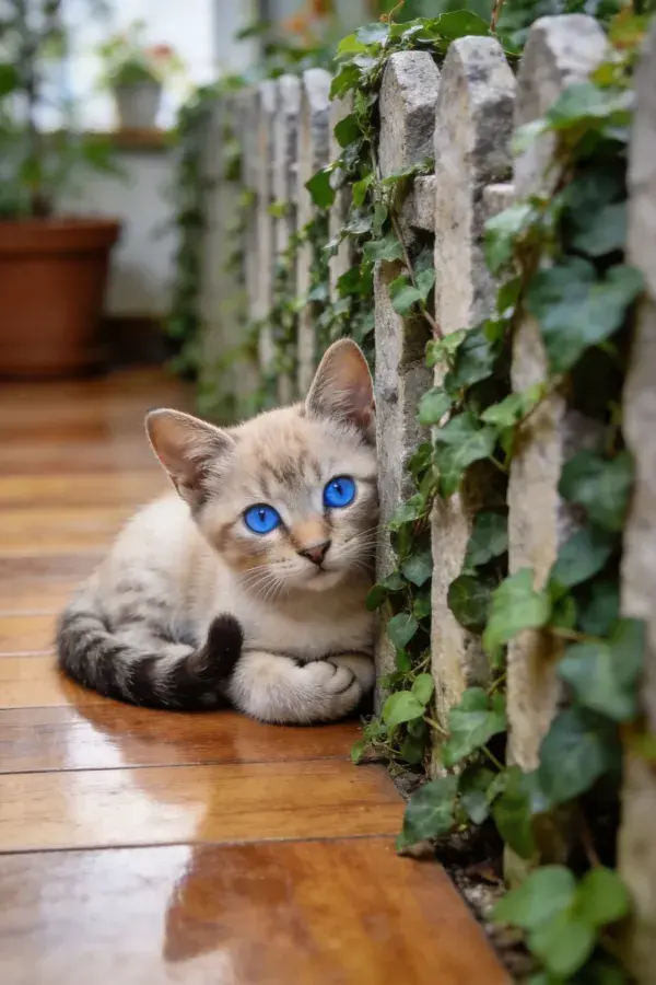 石栅栏旁的蓝眼暹罗猫