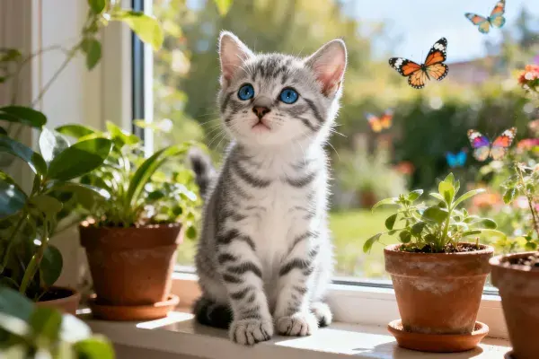 阳光窗台上的短毛虎斑猫与花卉景致