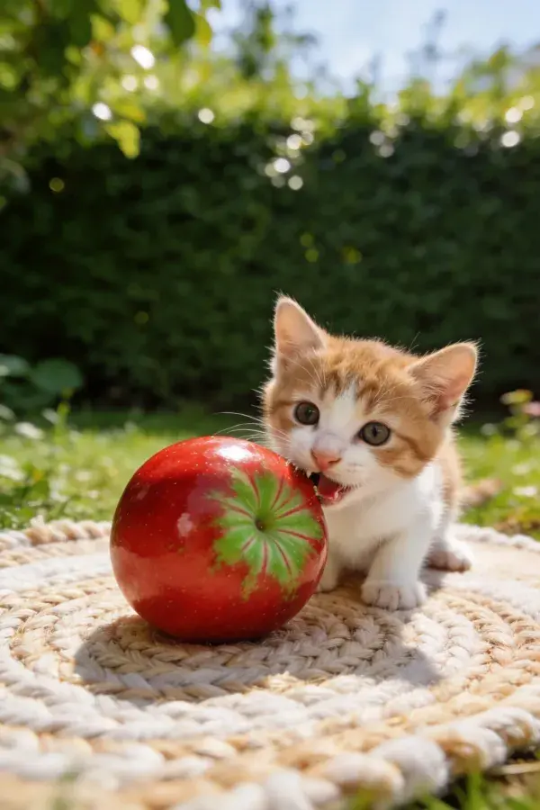 橘白短毛家猫与红苹果的户外互动场景