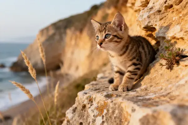 岩石峭壁间的短毛虎斑小猫