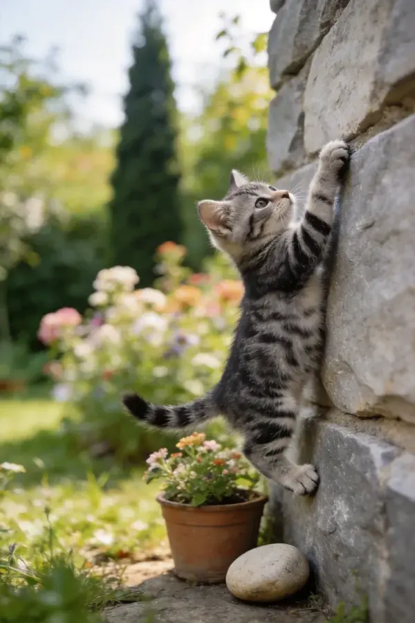 花园石墙旁攀爬的短毛虎斑小猫