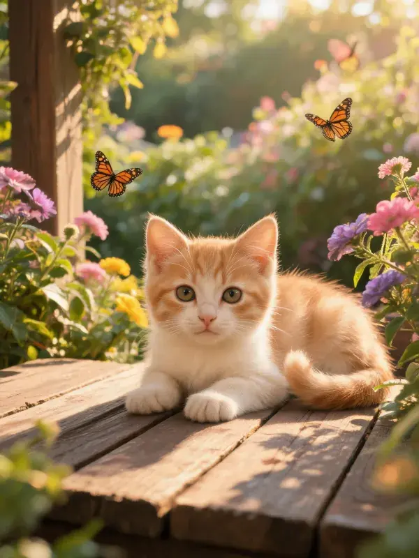 花园木平台上的橘白短毛家猫