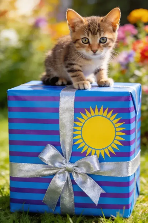 花园中礼盒上的短毛虎斑小猫