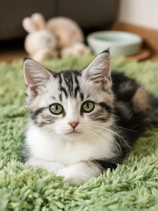 三色短毛家猫在绿色绒毯上的状态