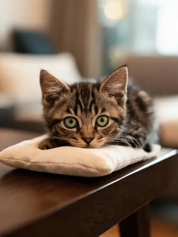 木质桌面上的玳瑁斑纹短毛猫