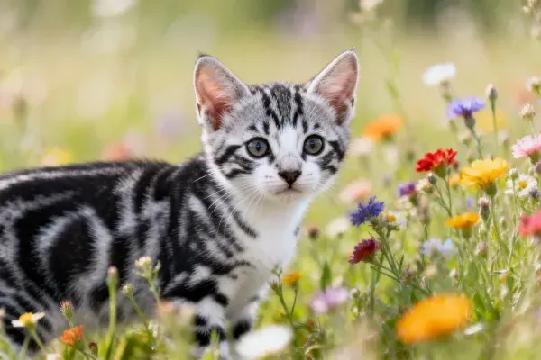 野花丛中的短毛虎斑家猫
