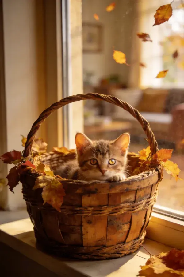 短毛虎斑猫卧篮靠窗处