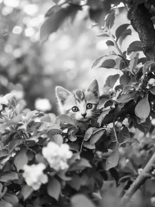 短毛家猫于花木间探望