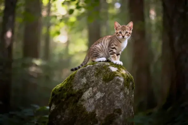 森林中石块上的短毛虎斑猫