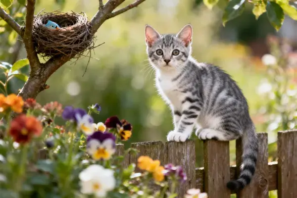 短毛虎斑猫静坐木栅栏