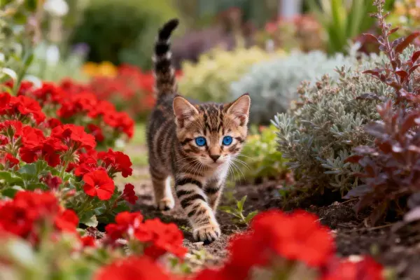阳光花园中短毛虎斑猫漫步花丛间