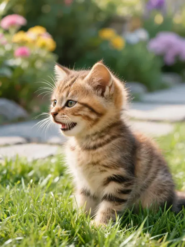 草地上的短毛虎斑小猫姿态