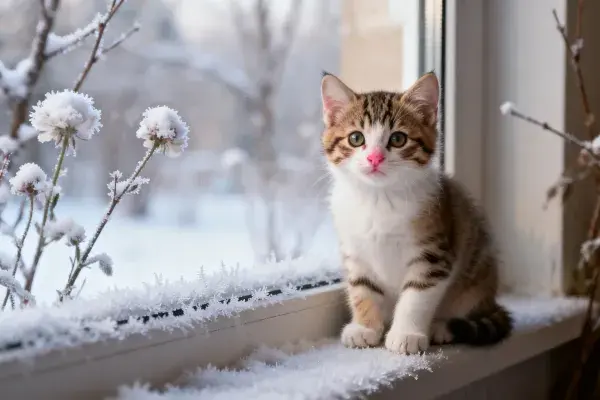 窗台雪景中的短毛虎斑小猫