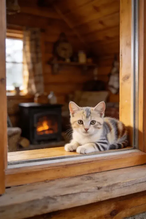 三色短毛家猫栖息木屋窗台