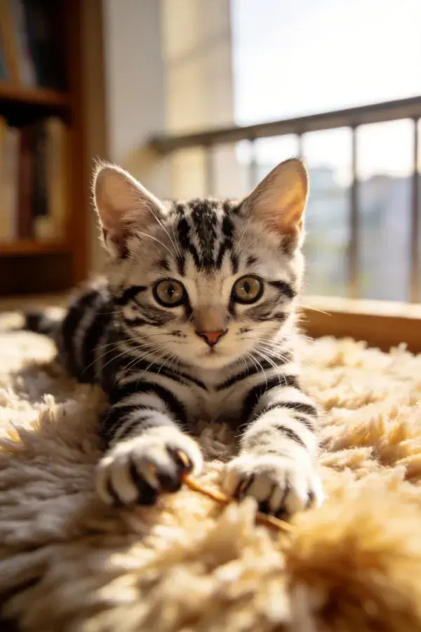 银虎斑短毛猫卧在绒毯上