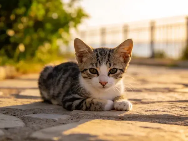 石板路上阳光下的短毛家猫