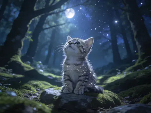 露天森林中短毛家猫仰望月光场景