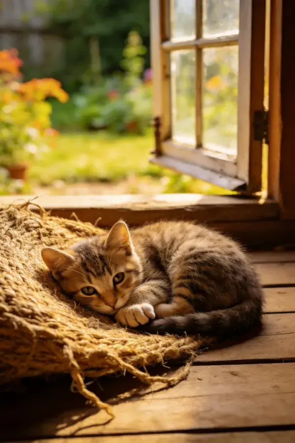 阳光下窗边的短毛虎斑猫休息场景