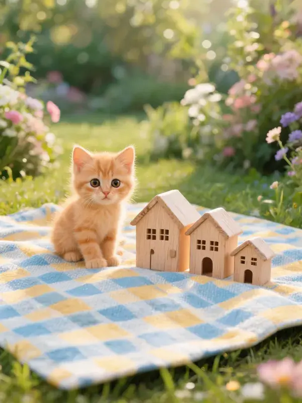 阳光草坪上的橘色短毛家猫与木质小屋场景